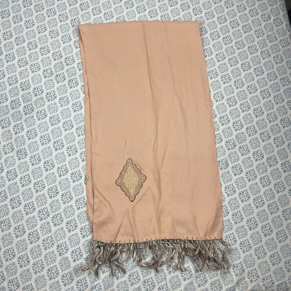 Scarf Peachy Pink Embroidered Scarf with Fringe Vintage - Picture 2 of 6